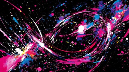 Poster - Abstract dynamic art with vibrant pink, blue, and white paint splatters and streaks on a black background. The composition features swirling, circular movements and contrasting textures creating a