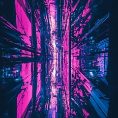 Poster - Abstract digital art depicting a vibrant pink and blue cityscape with glowing lights and a sense of depth and movement. The image features sharp geometric shapes and a futuristic aesthetic. The