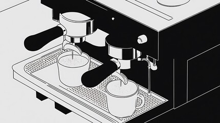 Poster - Close up view of a black espresso machine with two portafilters and cups on a drip tray. The image is in grayscale, showing the machine's components and functionality. The focus is on the brewing