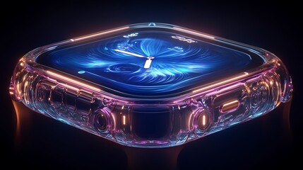 Poster - Futuristic smartwatch with a vibrant, digital display showing a data visualization. The watch is encased in a transparent, geometric frame with warm orange and purple light accents against a dark