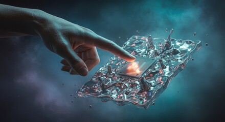 Poster - Artificial intelligence innovation concept with hand touching AI chip in water