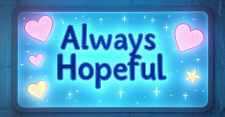 Aufkleber - Bright sign displays Always Hopeful text. Hearts, stars sparkle against blue background. Positive message radiates optimism, joy.