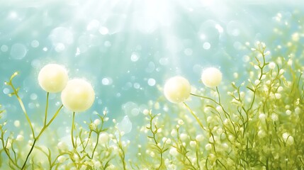 Poster - Soft, white, fluffy seed heads of wildflowers gently sway in a field bathed in soft, bright sunlight. The background is a pastel teal and green bokeh, creating a dreamy, ethereal atmosphere.  The
