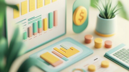 Leinwandbilder - 3D rendered image of financial charts, graphs, and coins on a desk with plants.