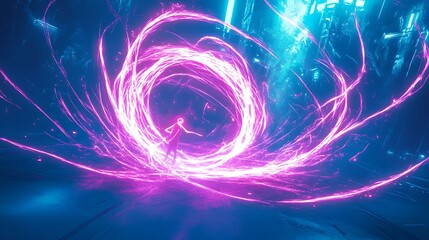 Leinwandbilder - Abstract digital art depicting a vibrant pink and blue swirling vortex of light particles against a dark background. The vortex creates a dynamic and energetic visual effect