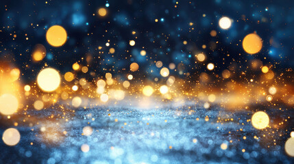 Poster - Shimmering golden bokeh lights sparkle over a deep blue background, creating a festive, magical and dreamy atmosphere.