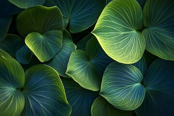 Aufkleber - Lush green leaves with prominent veins, close-up view, textured background.
