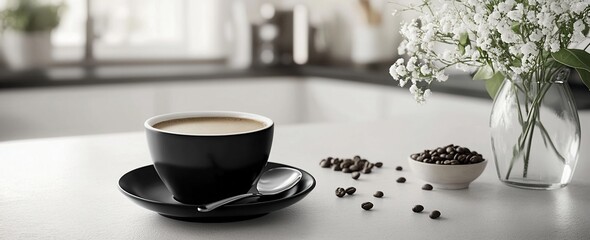 Aufkleber - A cup of coffee on a table with coffee beans and flowers.