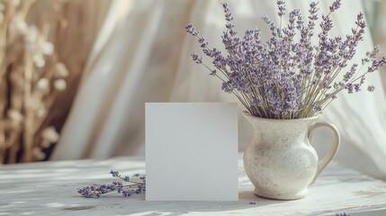 Aufkleber - Blank card mockup with lavender flowers in a rustic vase on a white wooden table.