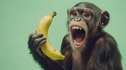 Aufkleber - A young chimpanzee with open mouth holds a banana against a green background.