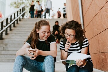 Poster - two young girls sitting on stairs, studying together. the girls are focused on their studies, holdin