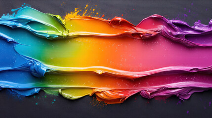 Poster - Vibrant and bold artistic paint texture showcases vivid rainbow of colors, with smooth, flowing strokes on dark canvas background. dynamic composition evokes creativity and energy