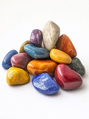 Poster - Colorful polished stones pile isolated on white background.