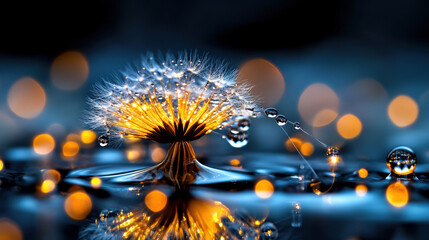 Poster - Closeup of dandelion seed covered in dewdrops, glowing with warm light against blurred background of bokeh lights, creating magical and serene atmosphere