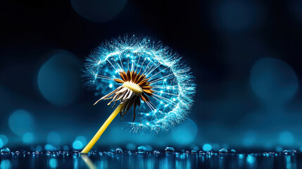 Poster - Closeup shot of delicate dandelion seed covered in sparkling water droplets, set against dark, blurred background. vibrant blue tones create serene and magical atmosphere