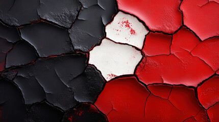 Poster - Closeup of cracked and peeling paint wall features bold red, black, and white colors, creating striking abstract pattern. texture adds depth and interest to composition