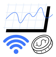 Poster - line graph tracking growth trend, wireless symbol for connectivity, and coin for finance or investme
