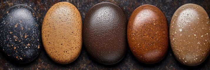 Poster - Five smooth, oval-shaped stones in varying shades of brown and black, arranged in a row on a dark background.