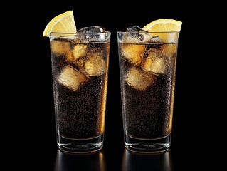 Poster - Two tall glasses of cola with ice and lemon wedges on a black background.