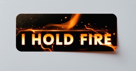 Fototapete - Rectangular graphic displays text I HOLD FIRE with fiery orange glow. Dark background features sparks, creating dramatic visual effect. Bold lettering emphasizes message.