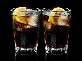 Poster - Two glasses of cola with ice and lemon wedges on a black background.