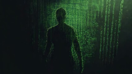 Fototapete - Mysterious Silhouette in Green Matrix Code Background Illustration