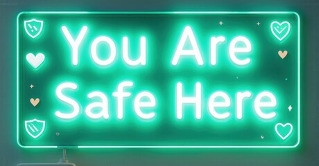 Fototapete - Bright neon sign displays message You Are Safe Here. Green glow radiates from rectangular illuminated panel. Dark background emphasizes vibrant light.