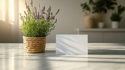 Aufkleber - Blank card mockup beside lavender plant in a wicker pot on a marble table.