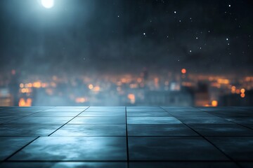 Poster - Night city skyline viewed from a dark, empty plaza.