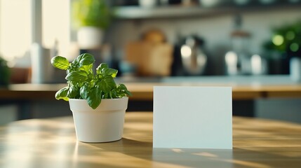 Poster - Small basil plant in a white pot next to a blank card on a wooden table in a kitchen.