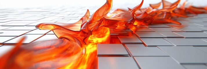 Aufkleber - Abstract orange fire flows over white tiles.