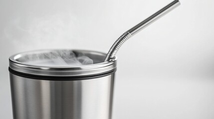 Poster - Stainless steel tumbler with metal straw, steaming hot beverage inside.