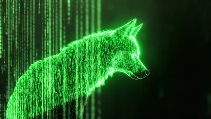 Poster - Mysterious Green Wolf Silhouette in Digital Matrix Environment