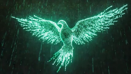 Poster - Digital Phoenix Emerging from Binary Rain with Glowing Feathers