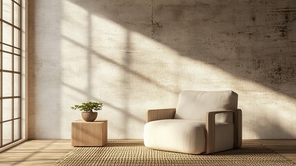 Aufkleber - Sunlit room with armchair, side table, and plant.