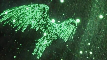 Fototapete - Digital Art of a Glowing Bird in a Matrix of Green Particles