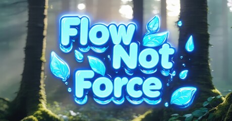 Aufkleber - Forest scene features glowing text Flow Not Force. Blue leaves, water droplets enhance mystical vibe. Mossy tree trunks surround lettering.