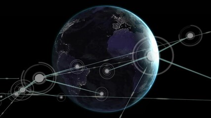 Poster - Earth spinning showing glowing city lights linking network nodes across continents in 3D render