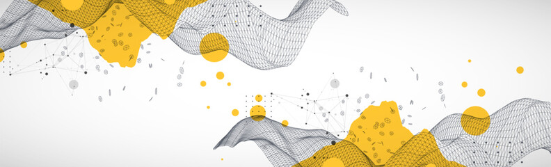 Poster - Template for science and technology presentation. Wireframe waves. Plexus style background.