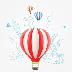 Poster - Air balloon with world buildings. Air travel concept. 3d vector illustration