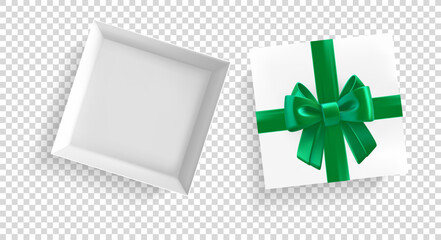 Poster - White gift box with green ribbon and bow. 3D vector elements isolated on transparent background