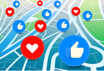 Poster - Abstract city map with red hearts and thumbs up symbols. 3d vector illustration