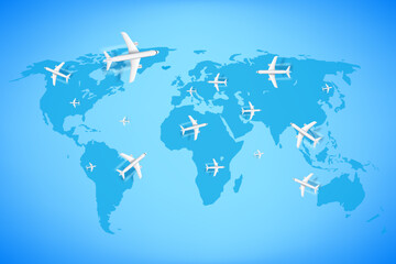 Poster - Air travel concept with aircrafts and world map. 3d vector illustration