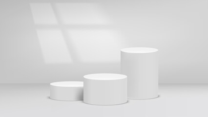 Poster - Empty bright studio with window light and podium. 3d vector background for product design