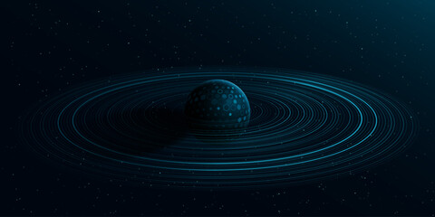 Wall Mural - cyber planet saturn textured with pattern of hexagons with ring around and shining stardust. scienti