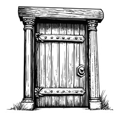 Wall Mural - Detailed Engraving of an Ornate Wooden Door with Classic Pillars