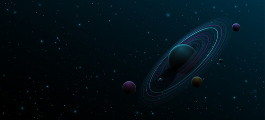 Wall Mural - galaxy science background. abstract planet saturn with colorful ring around and other planets. reali