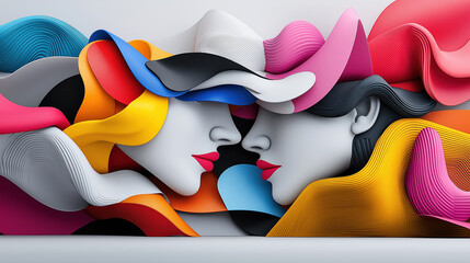 Poster - Artistic wall mural depicting two abstract faces in vibrant colors