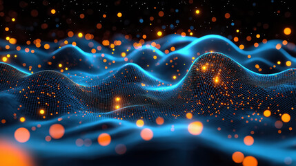 Fototapete - Vibrant digital landscape with glowing particles and waves