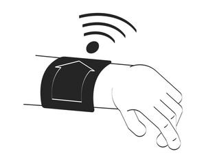 Poster - Smartwatch hand with remote home control and wifi signal doodle outline illustration. Wrist IoT wearable emitting Wi-Fi 2D vector drawing sketch isolated on white. Monochrome clip-art handdrawn